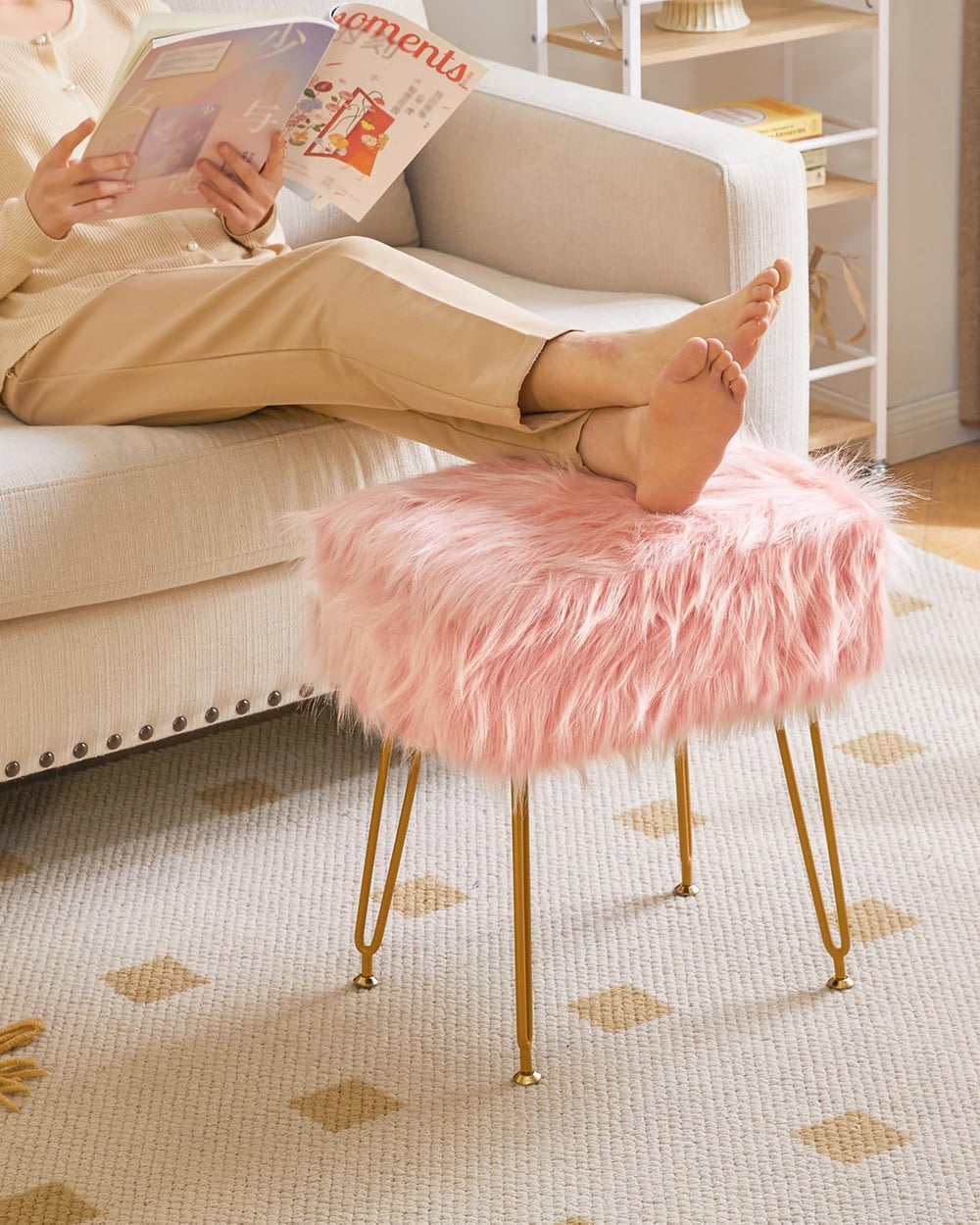 IBUYKE Rectangular Faux Fur Vanity Stool with Storage, Pink WBD022P | Furry M...