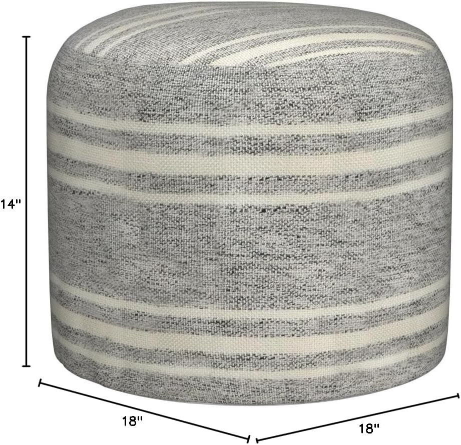 LR Home Ox Bay Farmhouse Triple Stripe Indoor Outdoor Pouf, Gray/White, 18&qu...