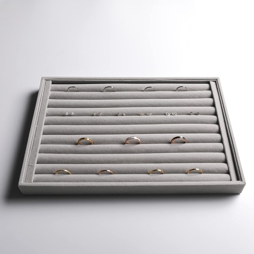 Frebeauty Stackable Velvet Jewelry Organizer Trays for Drawers Inserts Jewelry Storage Tray Display Case Earrings Bracelets Necklace Rings Accessories Trays for Women(Set of 4)(Grey).