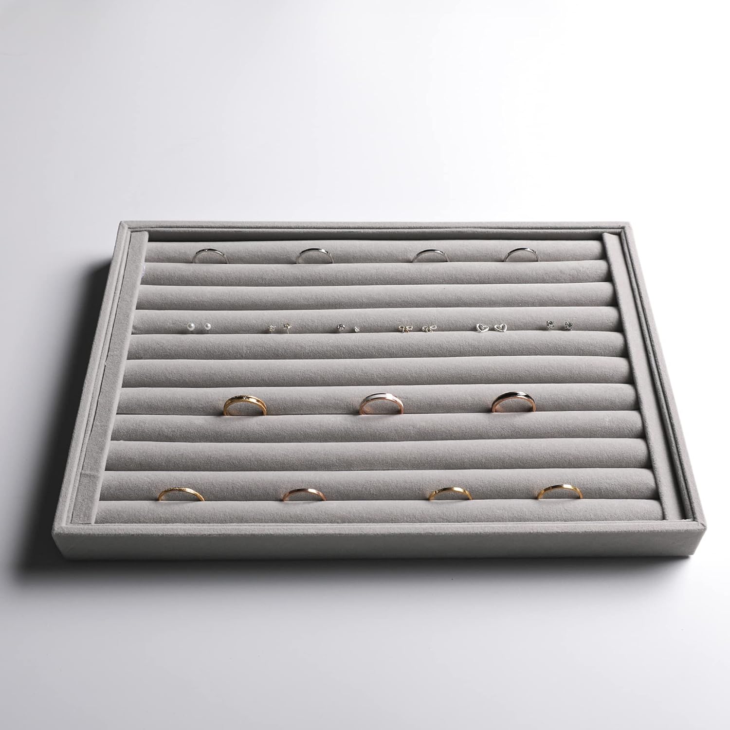 Frebeauty Stackable Velvet Jewelry Organizer Trays for Drawers Inserts Jewelry Storage Tray Display Case Earrings Bracelets Necklace Rings Accessories Trays for Women(Set of 4)(Grey).