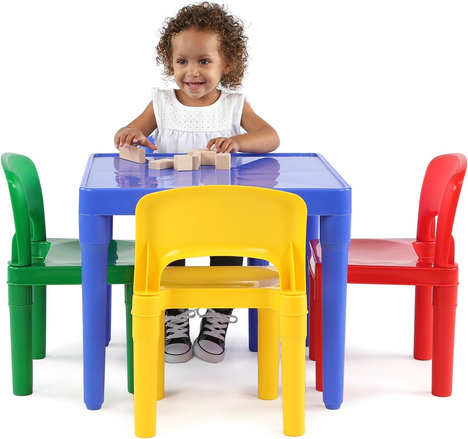 Humble Crew Kids Plastic Table and Chair Set, Toddler Activity Table with 4 Chairs, Lightweight Easy-Clean Kids Desk for Play, Snacks-Crafts, Indoor Outdoor Playroom Furniture, Blue/Primary