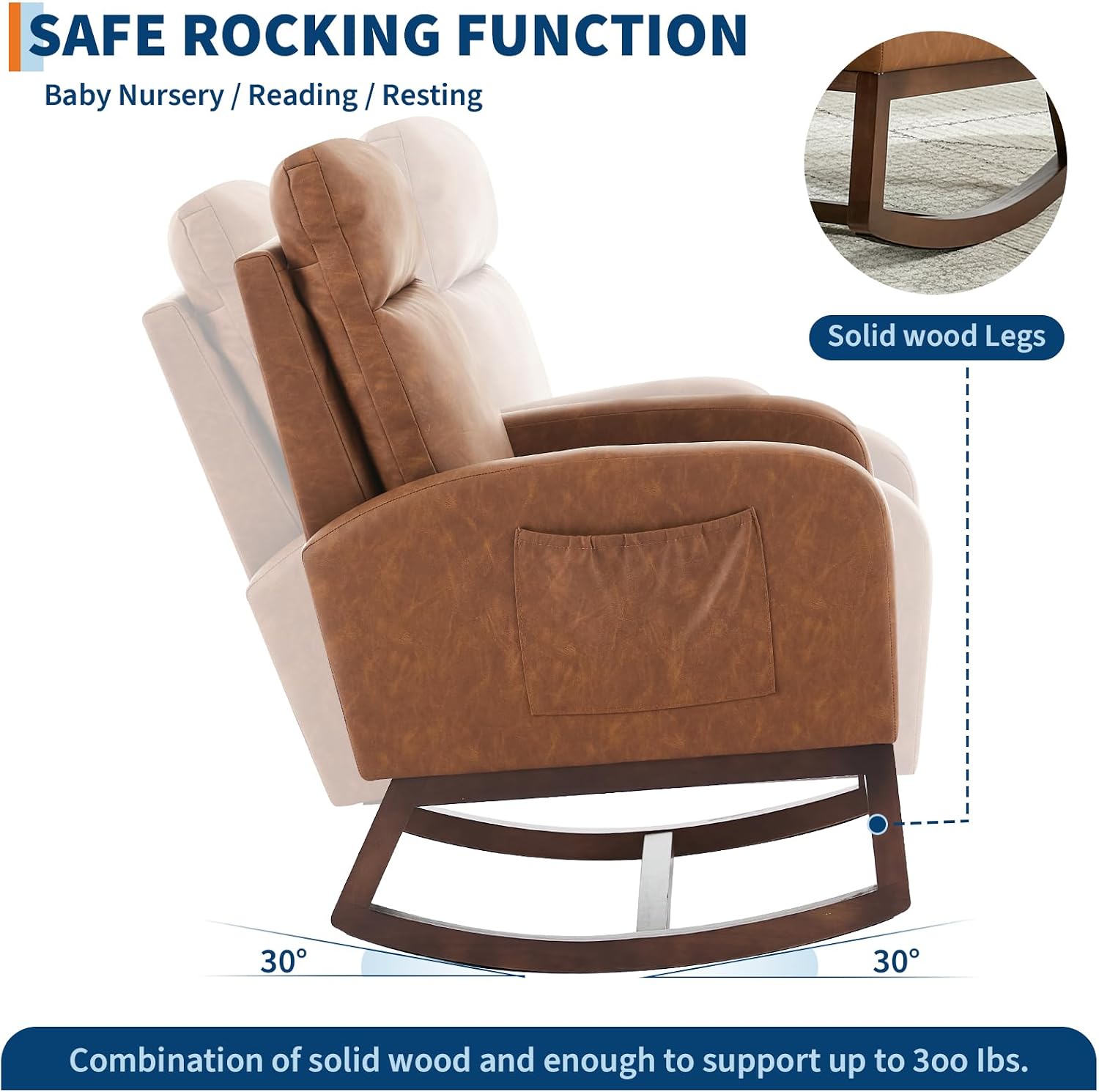 GarveeHome Leather Glider Chair, Modern Rocking Chair, Nursery Faux Leather Glider Chair with Rubber Wood Legs and Side Pocket, Rocking Accent Armchair for Living Room, Bedroom, Brown