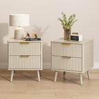 CARPETNAL Fluted Nightstand Set of 2, Beige Bedside Table with 2 Drawers and Gold Handles, Wood End Table Mid Century Night Stands for Bedroom Living Room