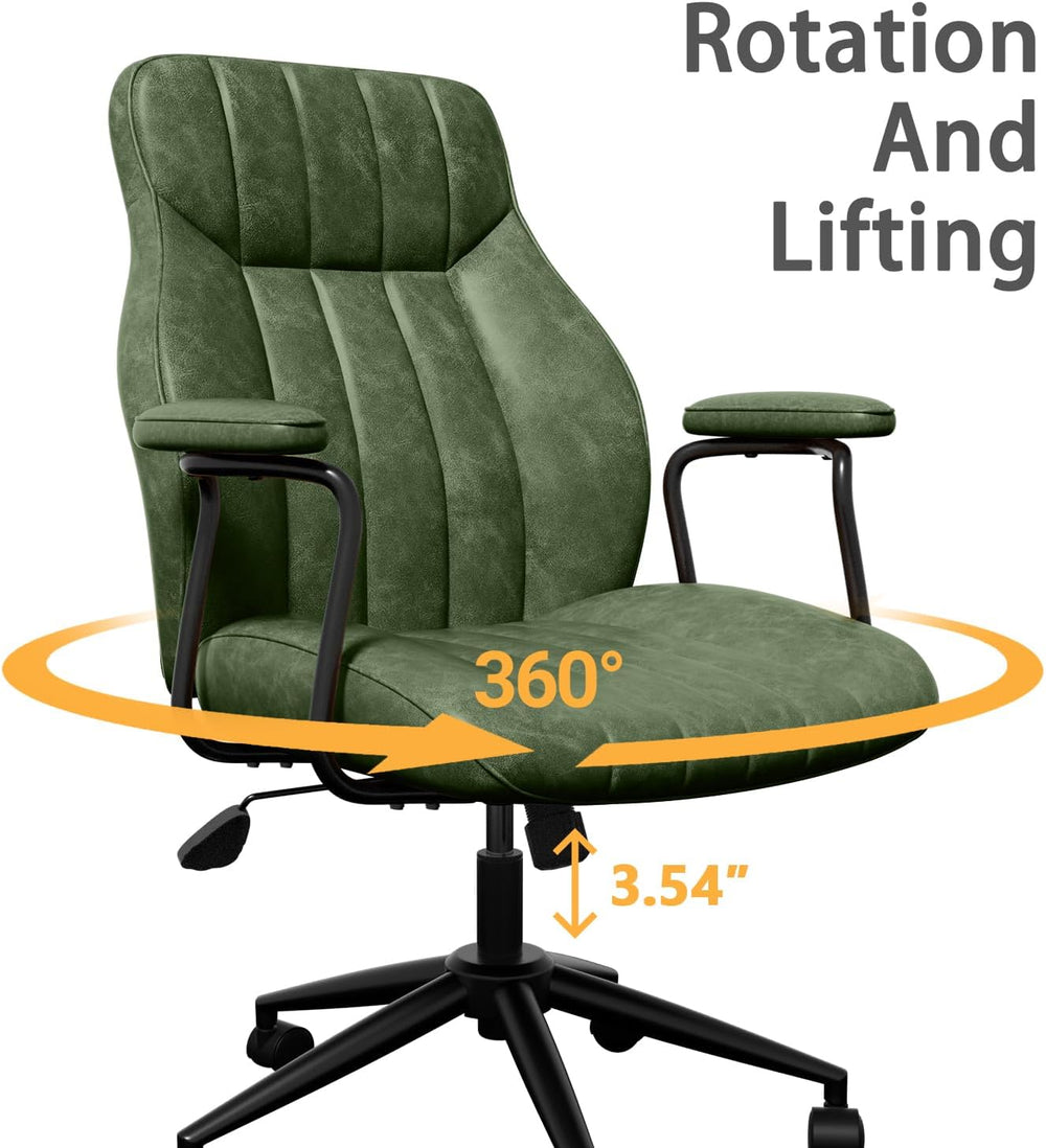 Green Leather Office Chair, Mid Century Home Office Desk Chair | Ergonomic Cu...