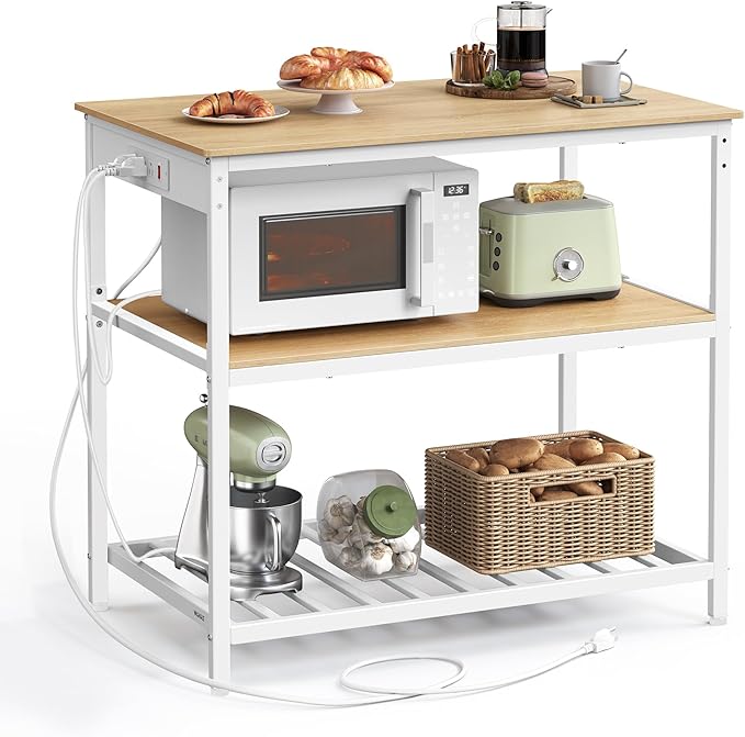 VASAGLE Kitchen Island with 3 Shelves, 39.4 Inches Width Kitchen Shelf with Power Strip, Large Worktop, Stable Steel Structure, Industrial, Easy to Assemble, Golden Oak and White UKKI105Y01