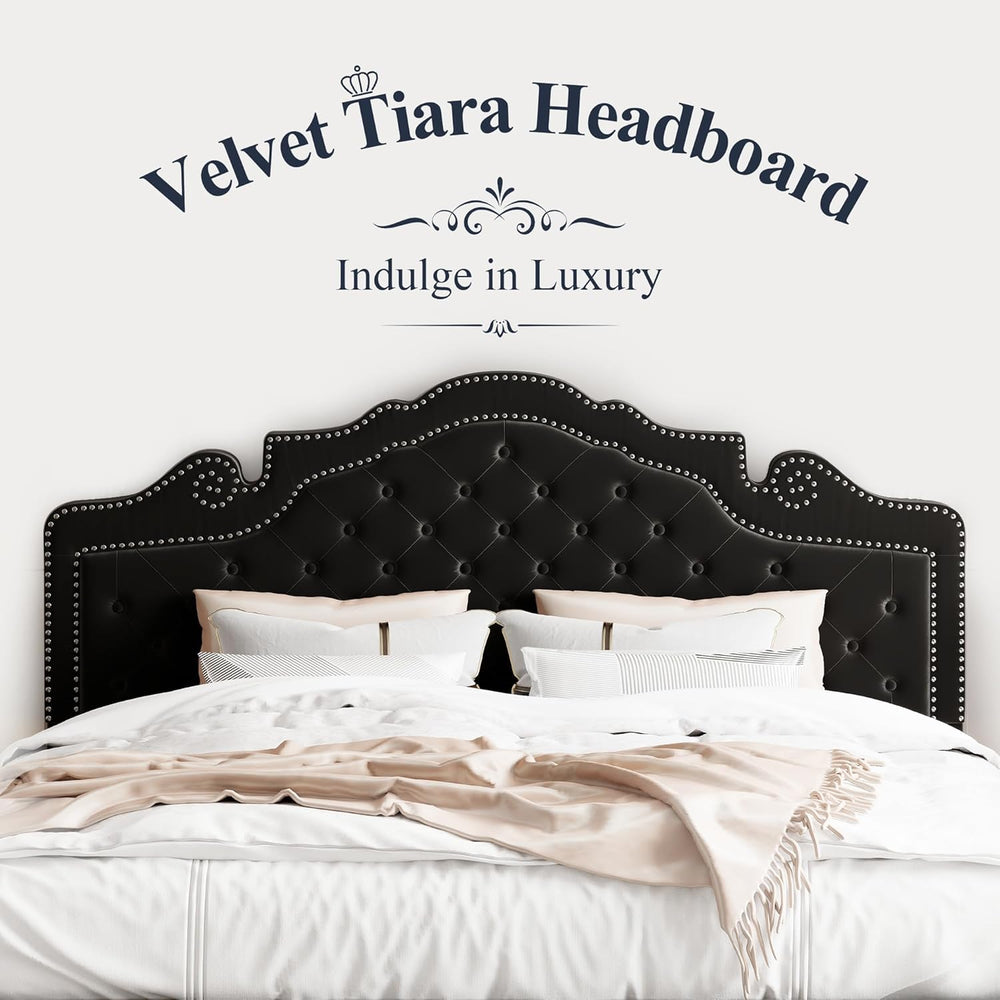Allewie King Bed Frame with Adjustable Velvet Tiara Headboard, Upholstered Di...
