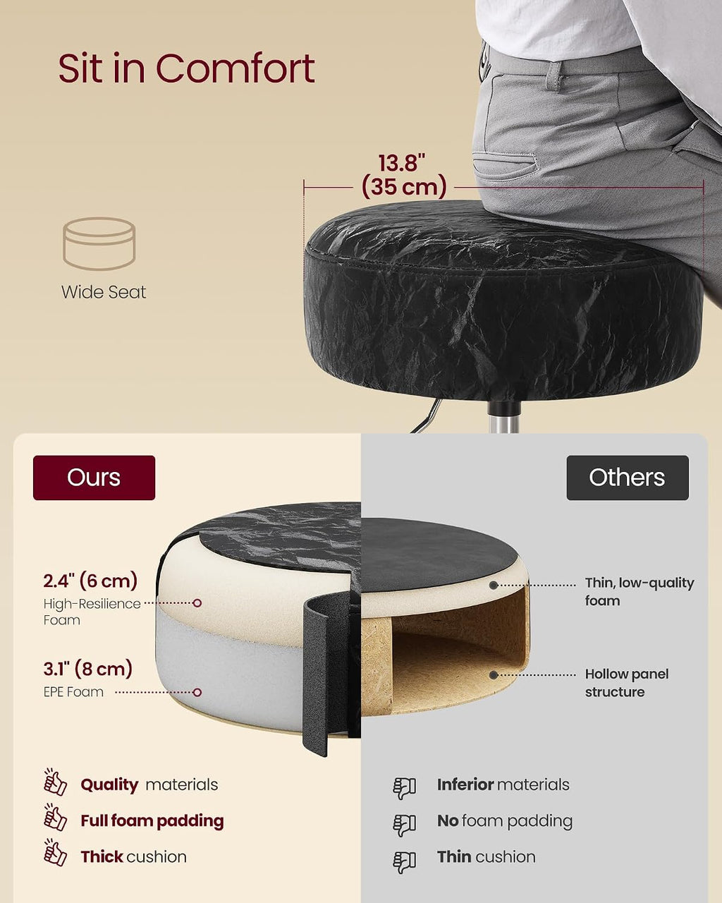 VASAGLE Adjustable Bar Stool, 360° Swivel, PU Leather, Thick Cushion, for Kitchen, Dining Room Bedroom, Modern, Ink Black