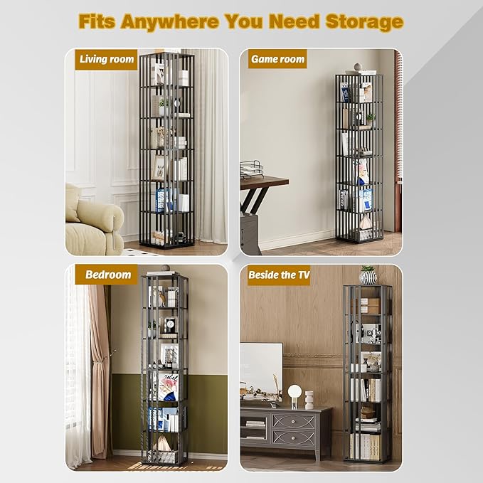 6 Tier Rotating Bookshelf, 360° Spinning Narrow Bookcase Tower, Space Saving Floor Standing Wood Shelf & CD Organizer for Small Spaces, Bedroom, Living Room, Office (Black, 6-Tier)