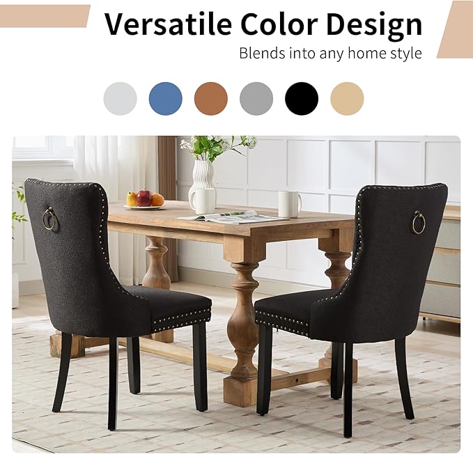 Modern Dining Chairs Set of 8, Tufted Upholstered Dining Chairs with Solid Wood Legs, Black Linen Fabric Kitchen Chair, Sillas de Comedor, Comfy Kitchen Chair (Black, Linen, 8Pcs)