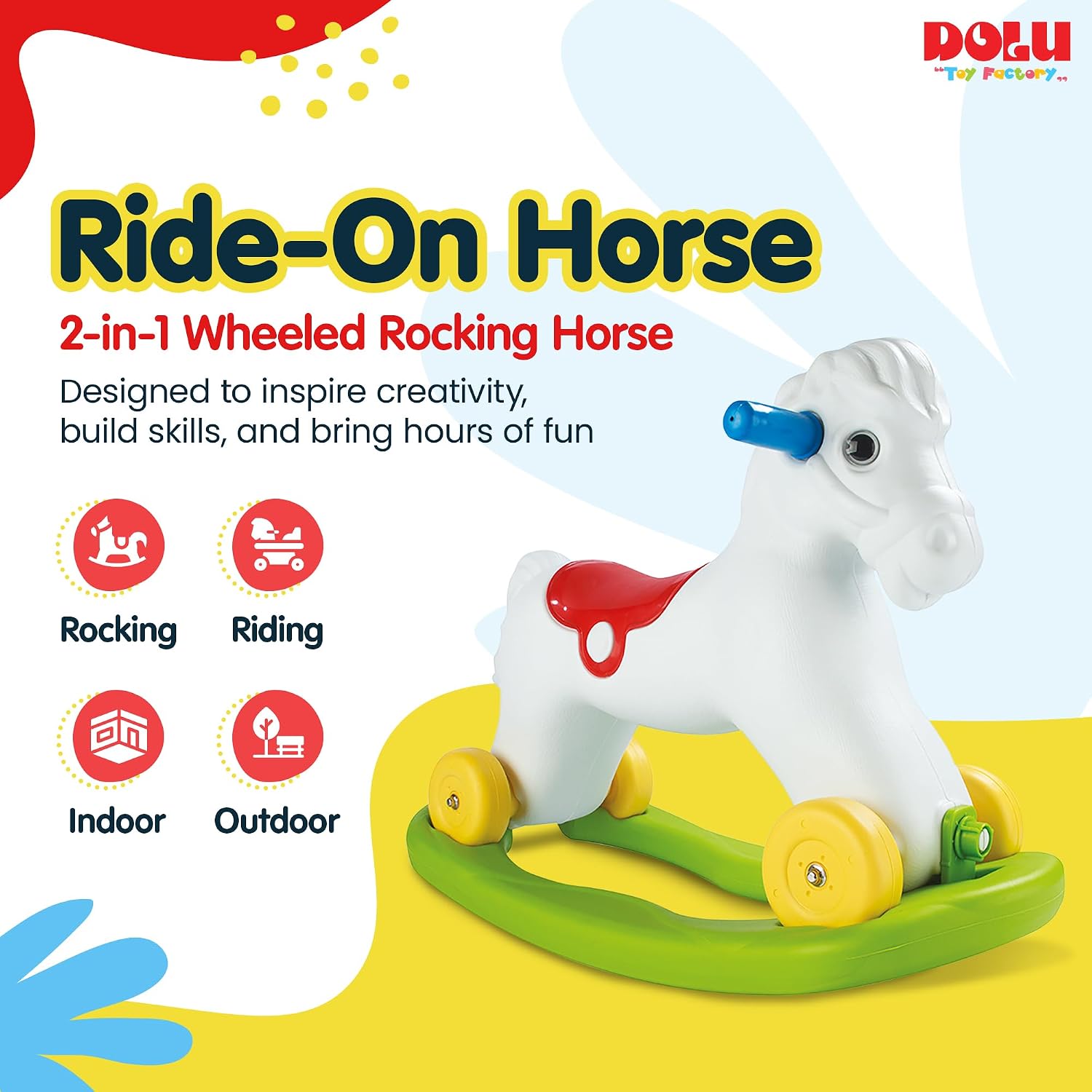Dolu Wheeled Rocking Horse 2 in 1 Toddler Ride On Toy with Removable Sled and Push Along Option for Kids Ages 2 and Up, Indoor and Outdoor Play, White