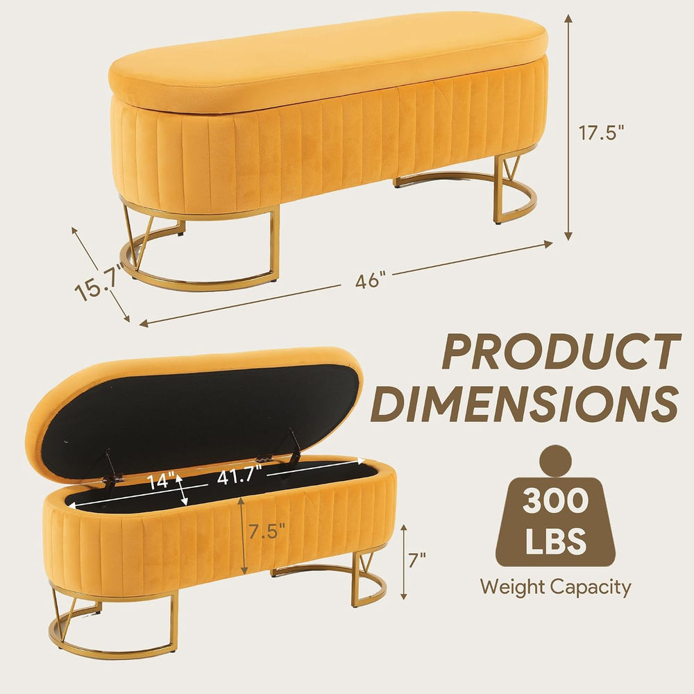 Storage Bench Bedroom Bench, Velvet Oval Upholstered End of Bed Bench with Go...