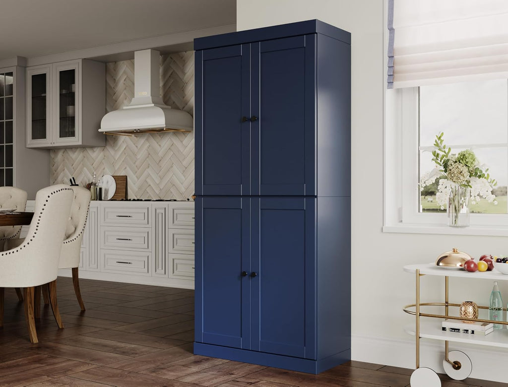 Palace Imports Solid Wood Kitchen Pantry Cabinet - 71.5" Tall x 32" W - Wooden Storage Cabinet with 4 Shaker Doors & 4 Adjustable Shelves, Navy Blue, 100% Renewable Eco-Friendly Wood, Made in Brazil