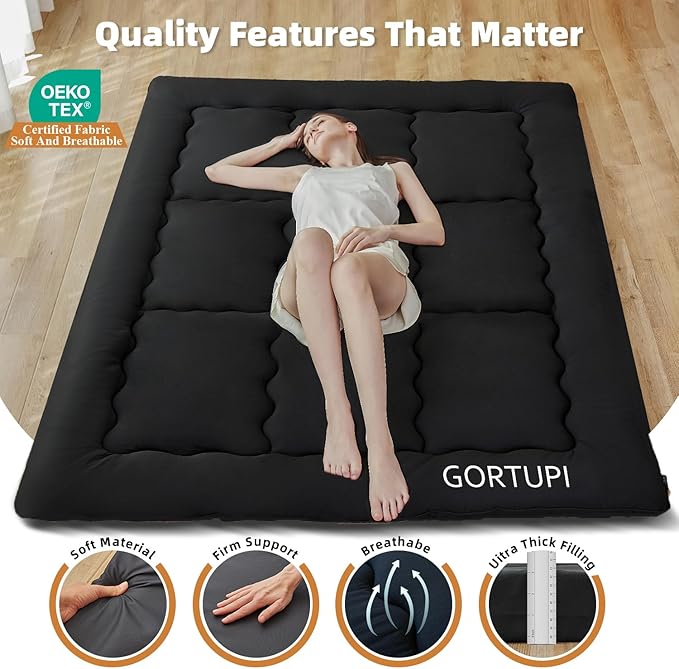 Queen Size Japanese Floor Futon Foldable Futon Mattress for Floor Tatami Mattress Portable Rollaway Bed for Guest Playmat for Kids Tatami Sleeping Pad Japanese Mattress for Adults Black A