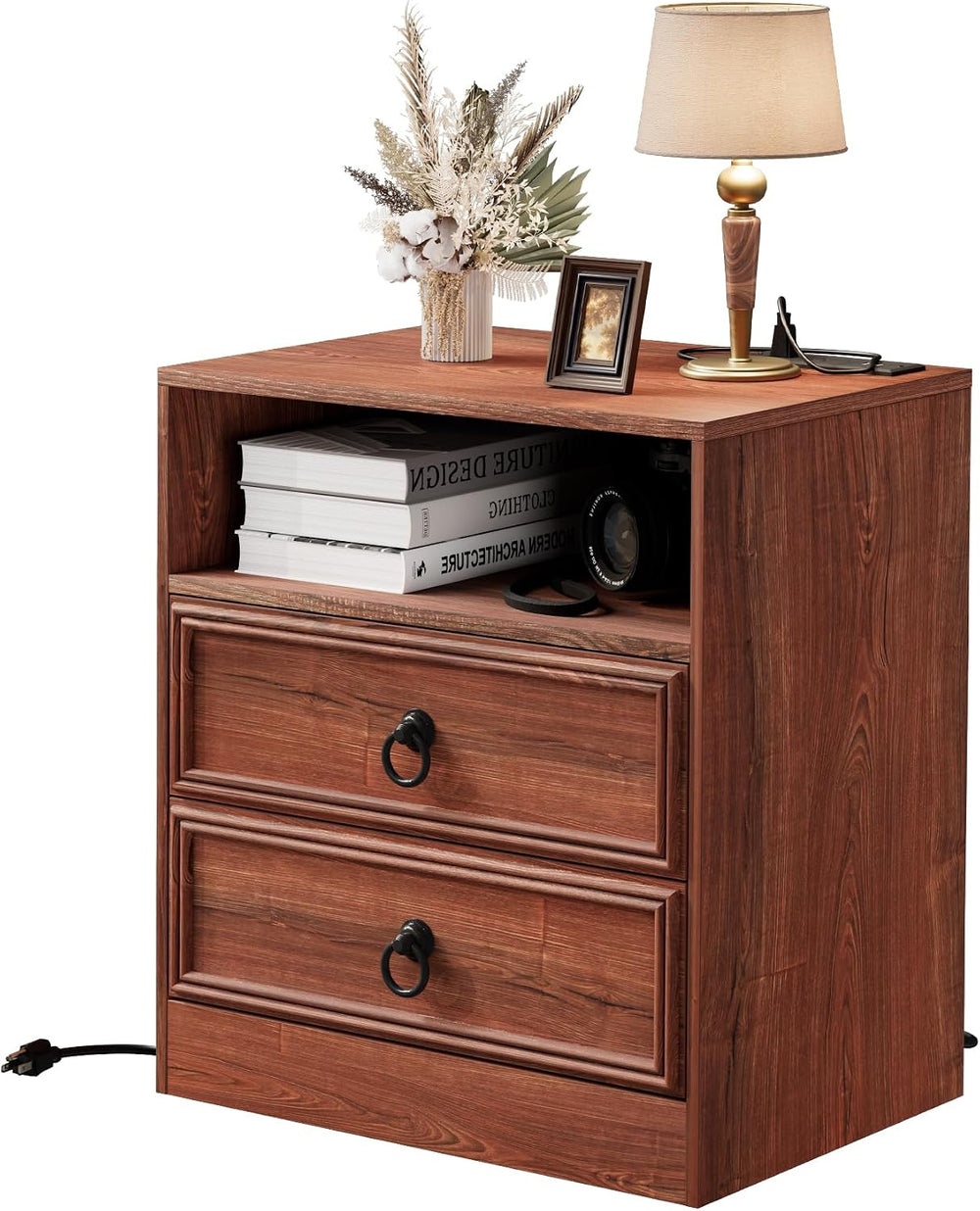 Bigbiglife Farmhouse End Table with Charging Station, 21.7inch Wide Bedside T...