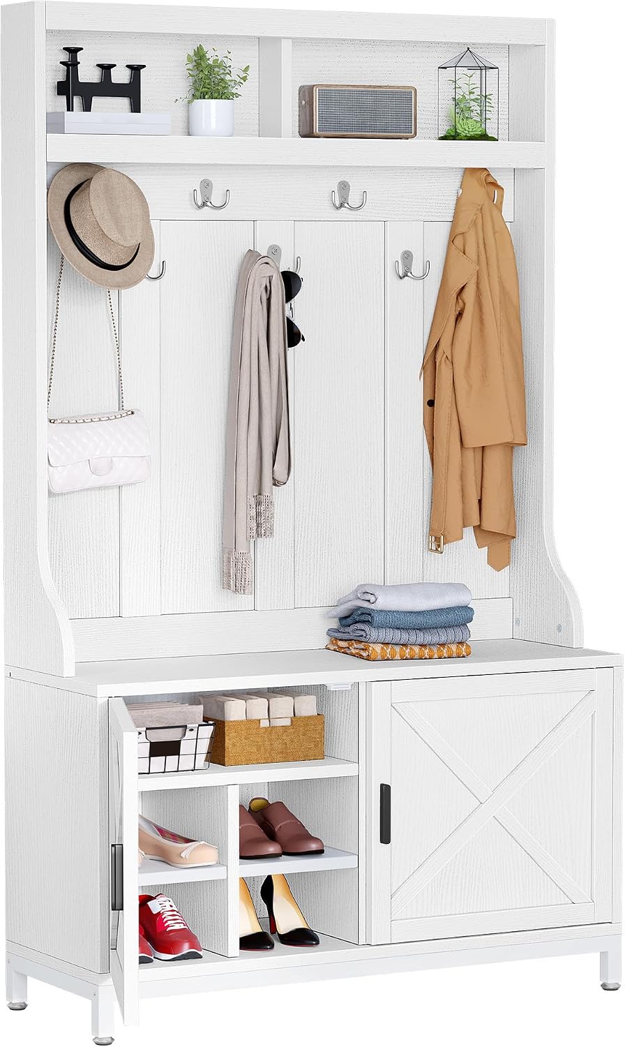 YITAHOME Hall Tree with Shoe Bench for Entryway, 4-in-1 Coat Rack with Bench, Entrance Organizer with Shoe Storage, Hall Tree with Adjustable Shoe Storage and Hanging Hooks, White