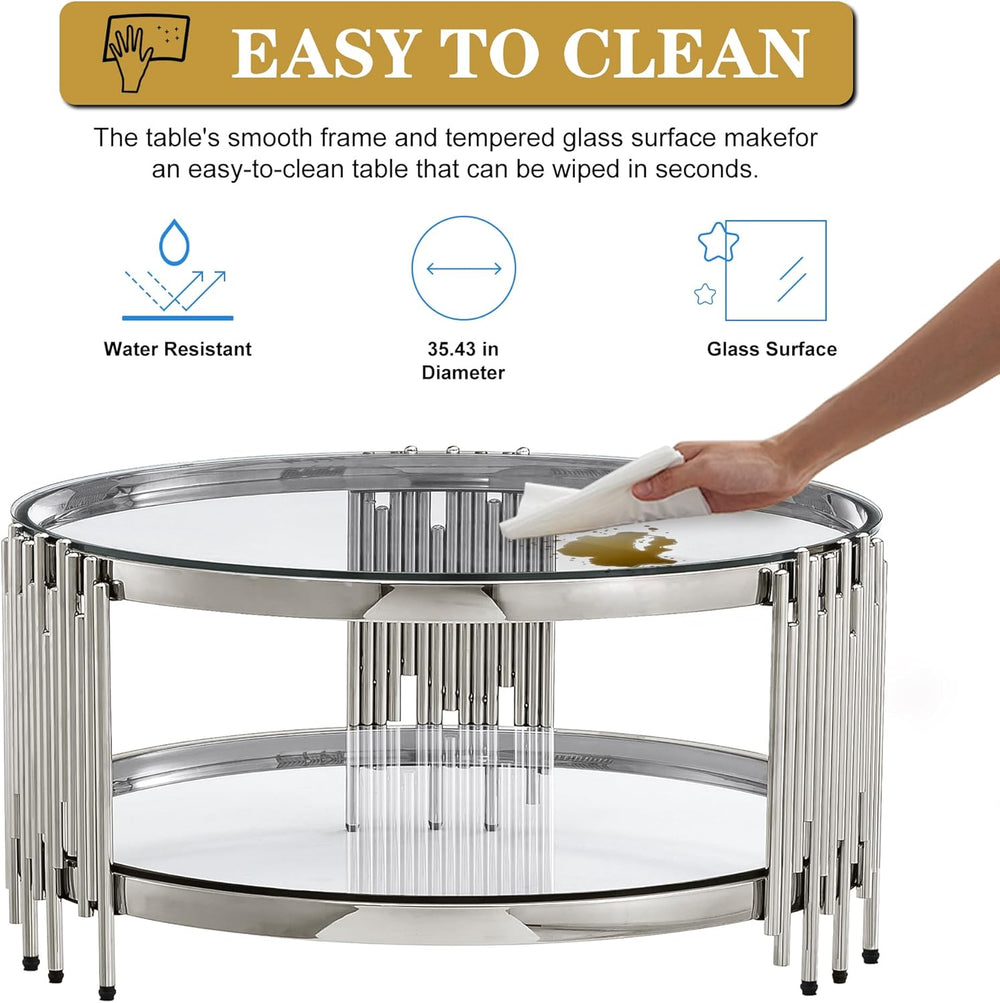 Round Glass Coffee Table Set of 3, Silver and Clear Modern Living Room Table ...