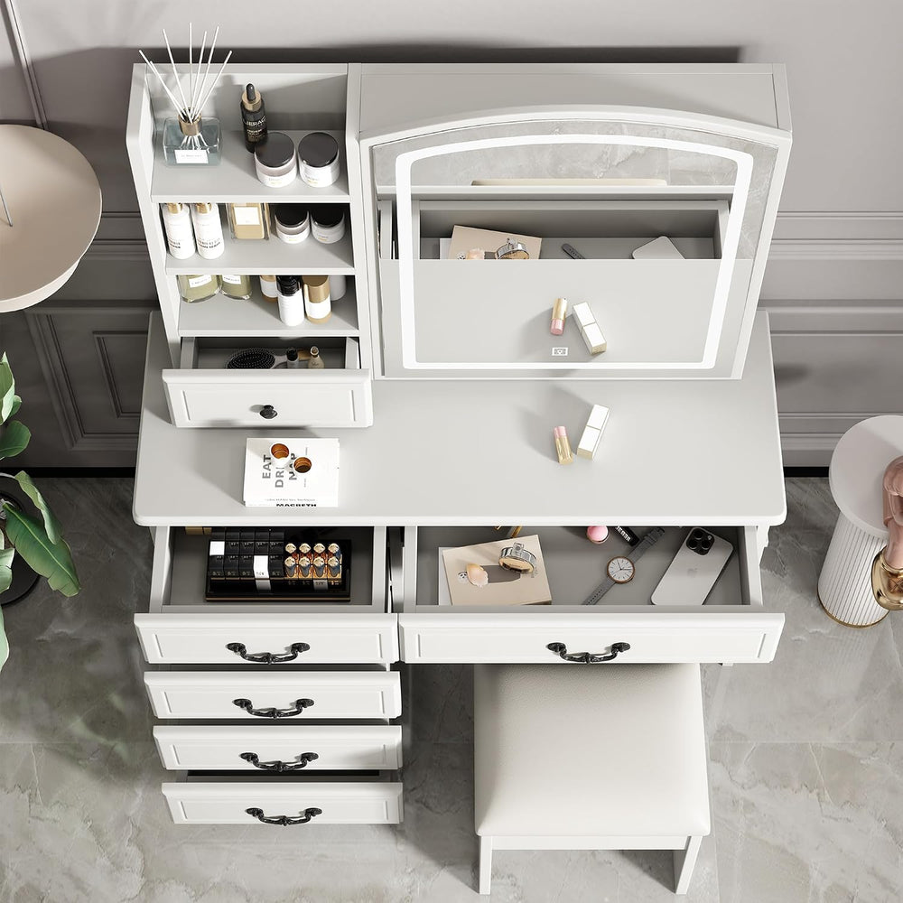 Vanity Desk Set with Lighted Mirror and Upholstered Stool, Vanity Table with ...