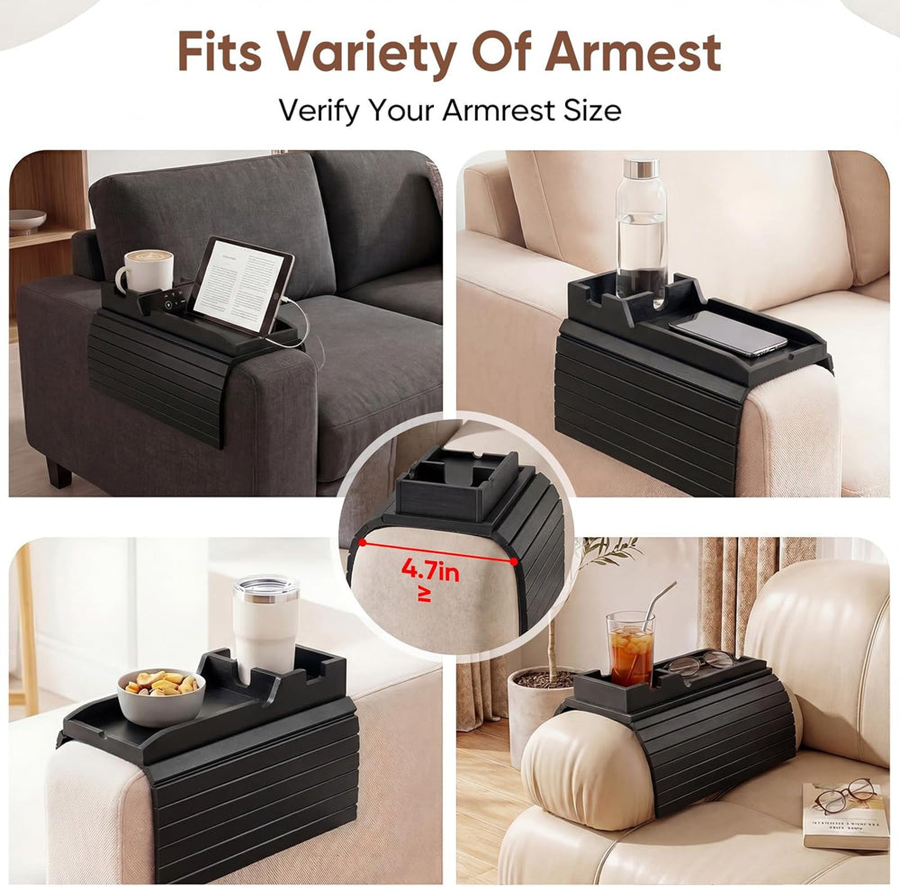 Bamboo Couch Arm Tray Table with Built-in Cup Holder, Foldable Anti-Slip Sofa...