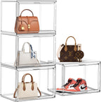 4 Pack Clear Shoe Box Organizer,Size 14 Acrylic Display Cases for Book Cosmetic Figures Collectibles Showcase,X-Large Bag Stackable Plastic Storage Bins with Magnetic Lid