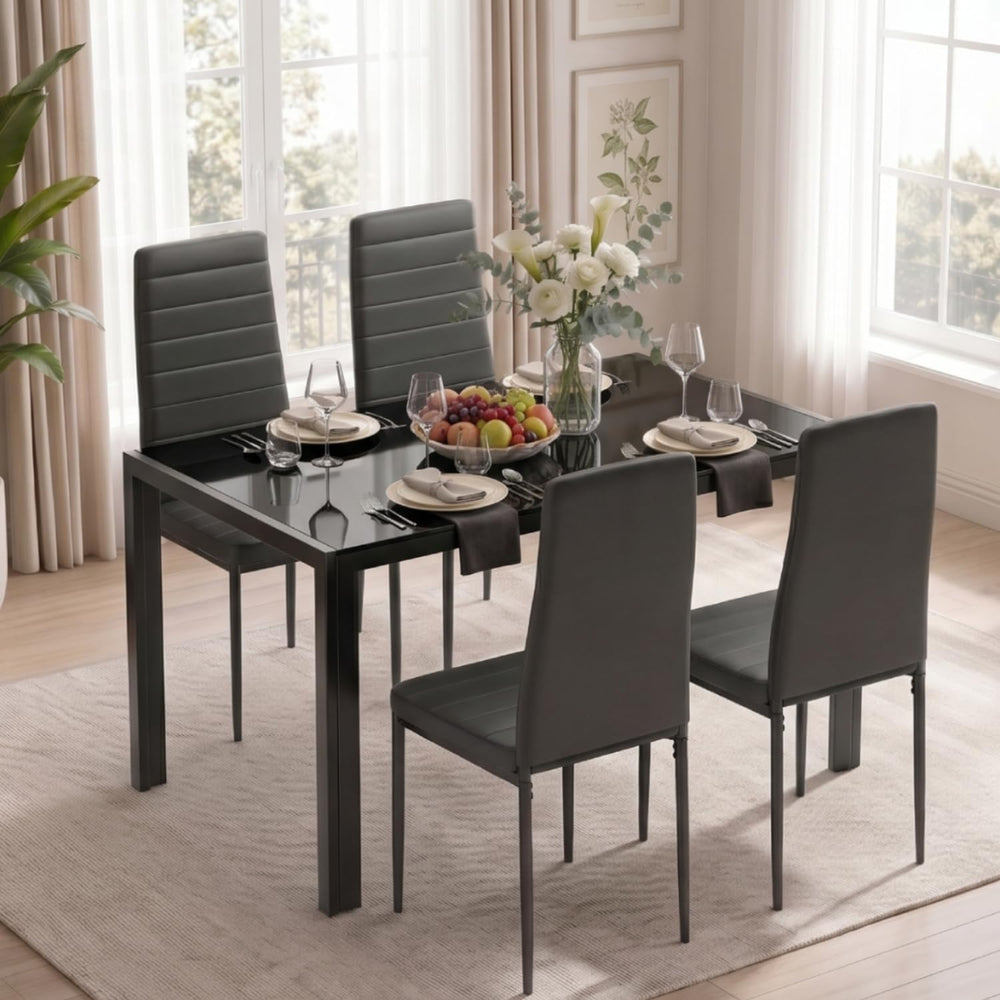 Gizoon Black 5 Piece Glass Dining Table Set | Kitchen Table and Chairs for 4