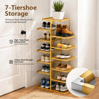 7 Tier Vertical Shoe Rack for Closet - Tall Narrow Metal Shoe Storage Tower with Staggered Shelves, Freestanding Shoe Organizer Stand for Entryway, Hallway, Bedroom and Small Spaces, Gold