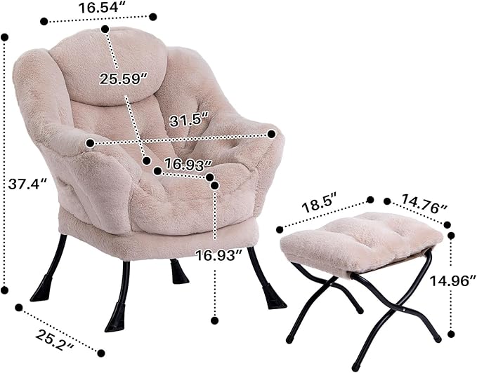 HollyHOME Fabric Lazy Chair with Foldable Ottoman, Accent Comfy Lounge Arm Chair and Folding Footrest Stool Set, Leisure Sofa Reading Chair and Footstool for Living Room, Bedroom, Dorm, Light Camel