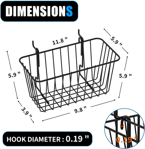 11.8" L x 5.9" D x 5.9"H - 6 pcs Black Wire Baskets for GridWall and SlatWall - Merchandiser Baskets,Grid wall Shelves Hanging Wire Basket Multi Function Storage Organizer