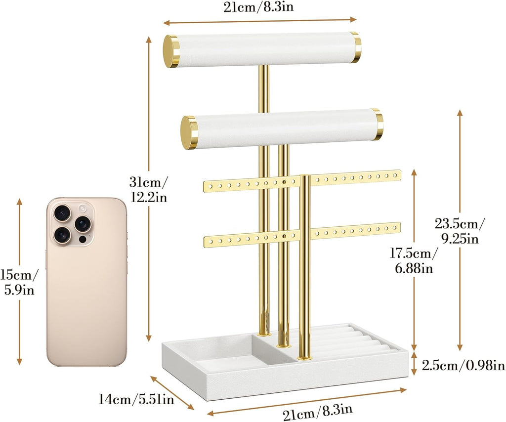 3 Tier Bracelet Holder Display - White Leather Bracelet Holder, Detachable T Bar Jewelry Holder Organizer for Bracelet, Necklace, Earrings, Rings, Watches, Bangle
