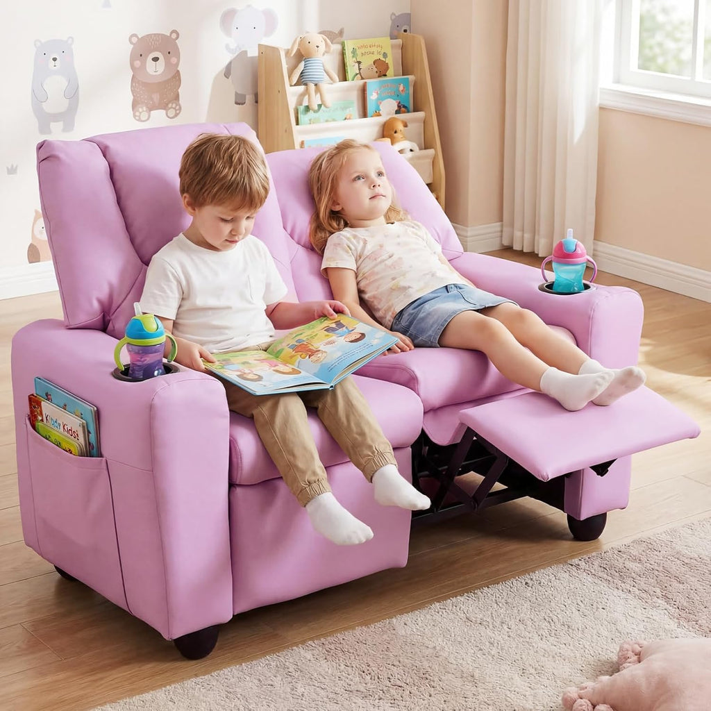 Costzon 2-Seater Kids Recliner, Double Toddler Sofa Chair w/2 Cup Holders & 2 Side Storage Pockets, PU Leather Kids Loveseat Couch w/Adjustable Backrest & Footrest for Girls & Boys 3+ Years Old