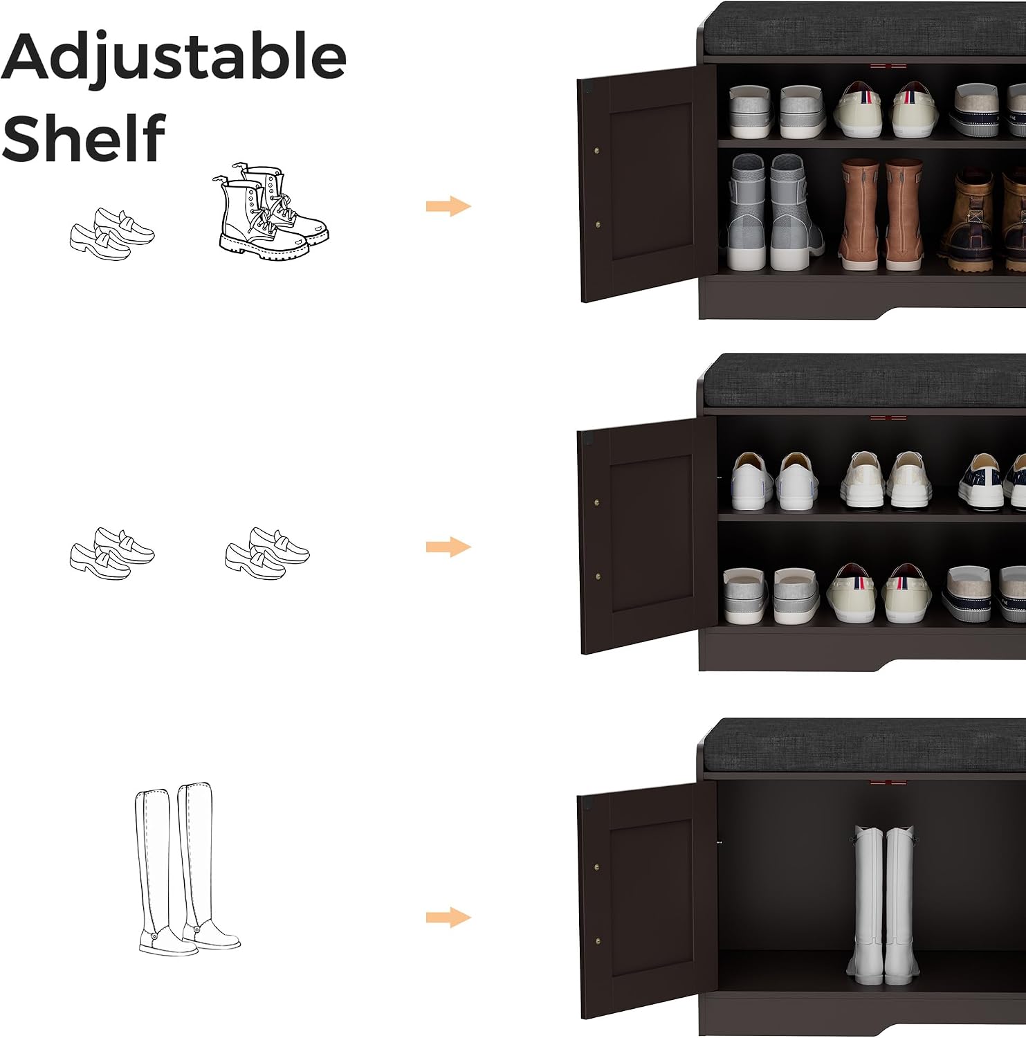 Homleke Shoe Storage Bench, 4 Doors & Thickened Padded Seat Cushion | 2-Tier Shoe Bench, Entryway Bench, Adjustable Shelf, 13.8" D x 45.3" W x 18.5" H, for Living Room, Bedroom, Brown