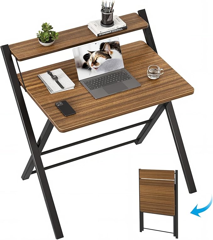 GreenForest No Assembly Folding Desk, 2-Tier Compact Computer Desk with Shelf, 30 inch Space Saving Foldable Table for Home Office, Dorm or Apartment, Portable Collapsible Sturdy Laptop Desk, Espresso