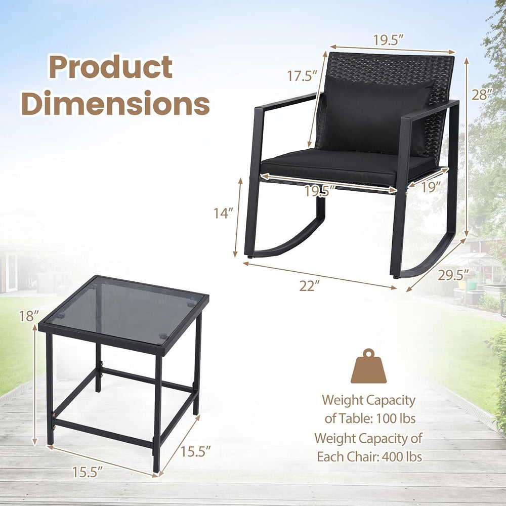 Tangkula 3 Pieces Outdoor Rocking Chairs Set, Rattan Heavy Duty Cushioned Roc...