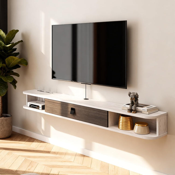 Floating TV Shelf, 55'' Wall-Mounted Under TV Stand Media Console,Floating Shelves,Modern Entertainment Cabinet with Door and Storage for Bedroom Living Room (Grey-White)