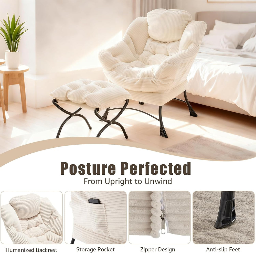 Lazy Chair with Ottoman, Modern Skinny Lounge Chair with Footrest