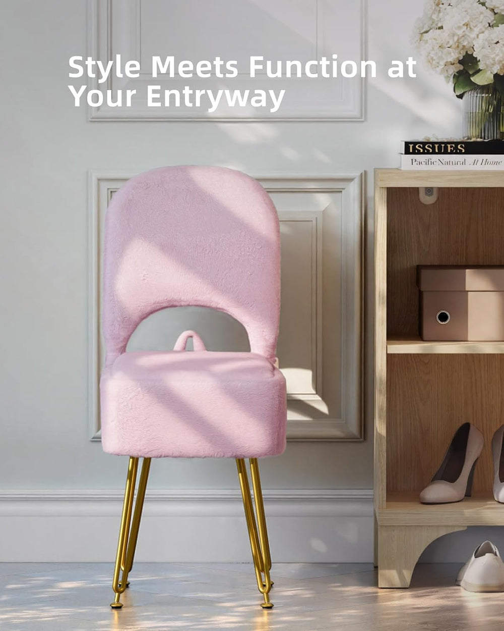 Pink Vanity Chair with Storage and Back for Teens - Faux Fur Makeup Vanity St...