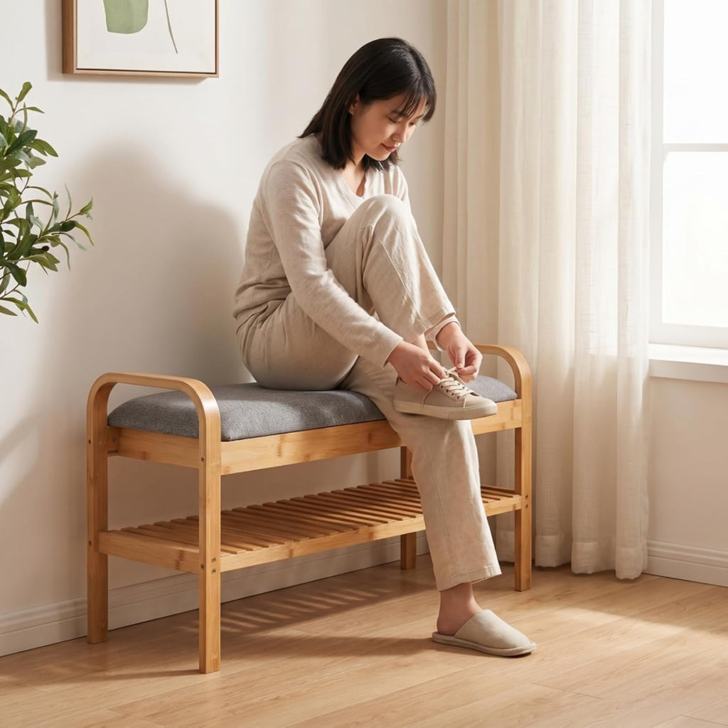 Children Footstool Organizer Bench with Upholstered Seat and Bamboo Shoe Rack Sturdy Build with Straight Legs Rounded Handles for Easy Carry Suitable for entryway Nursery Living Room Hallway