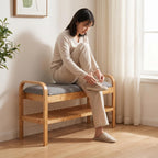 Children Footstool Organizer Bench with Upholstered Seat and Bamboo Shoe Rack Sturdy Build with Straight Legs Rounded Handles for Easy Carry Suitable for entryway Nursery Living Room Hallway