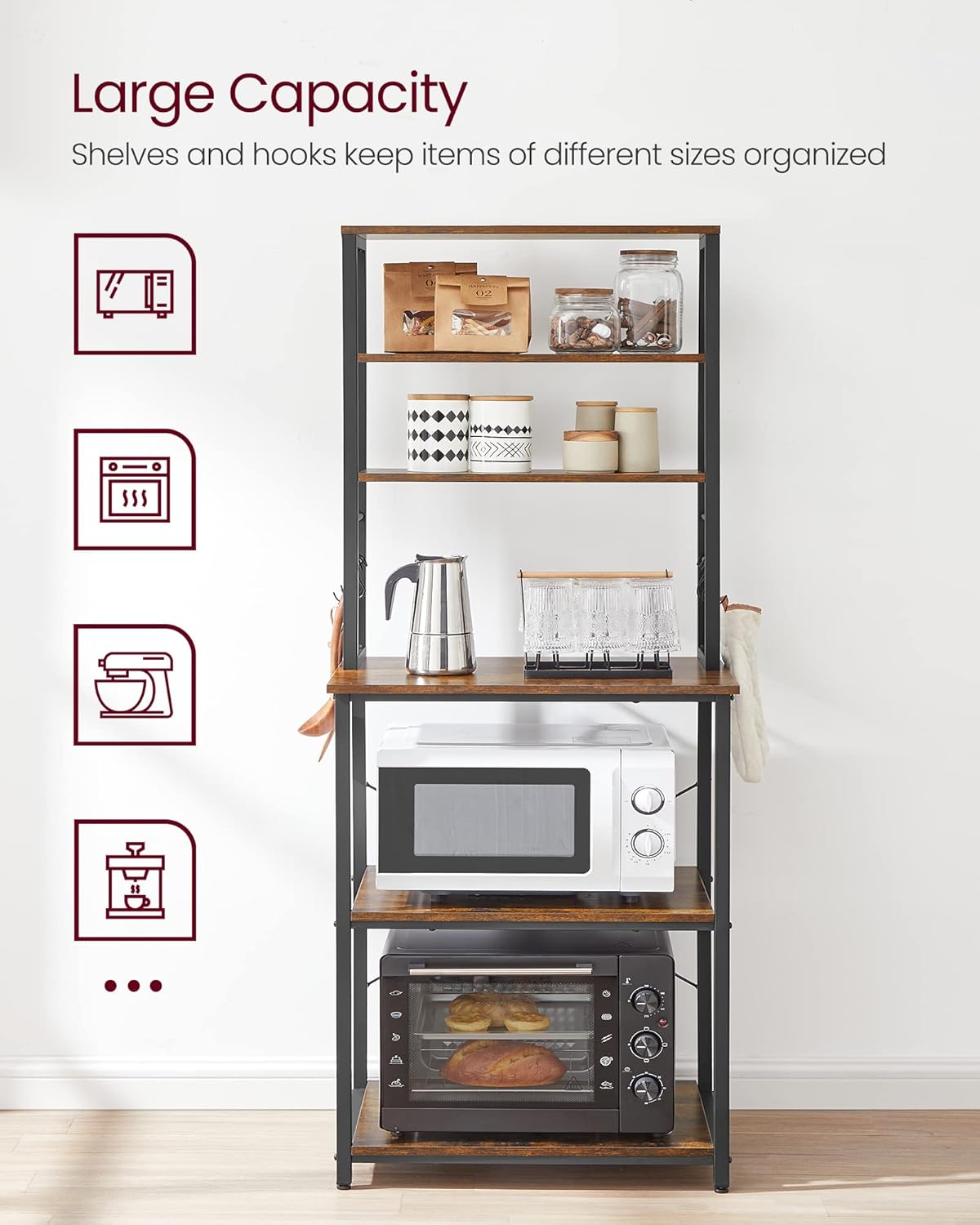 VASAGLE Coffee Bar, 23.6 Inches Baker's Rack for Kitchen with Storage, 6-Tier Kitchen Shelves with 6 Hooks, Microwave Stand, Industrial, Rustic Brown and Ink Black UKKS024B01