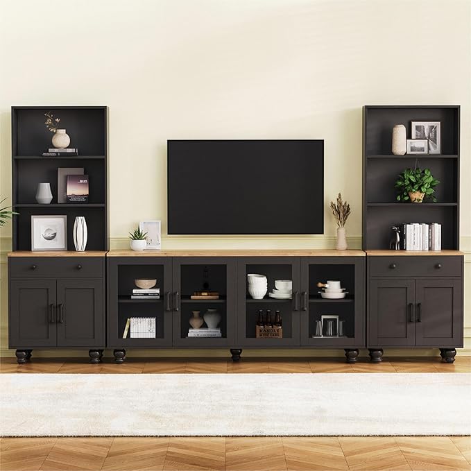 Farmhouse TV Stand with Bookshelves & Tempered Glass Doors, Entertainment Center with Adjustable Shelves for TVs up to 70'', Media Console with Solid Wood Gourd-Shaped Legs, Black