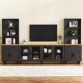 Farmhouse TV Stand with Bookshelves & Tempered Glass Doors, Entertainment Center with Adjustable Shelves for TVs up to 70'', Media Console with Solid Wood Gourd-Shaped Legs, Black