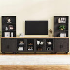 Farmhouse TV Stand with Bookshelves & Tempered Glass Doors, Entertainment Center with Adjustable Shelves for TVs up to 70'', Media Console with Solid Wood Gourd-Shaped Legs, Black