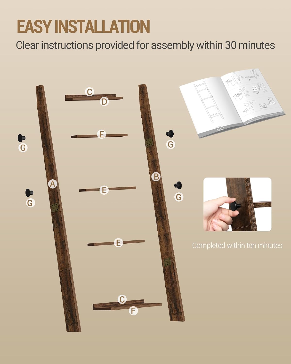 Hzuaneri Blanket Ladder, Decorative Quilt Rack with 4 Removable Hooks | 5-Tier Blanket Ladder Shelf for Bedroom Living Room, Rustic Brown BR30501X