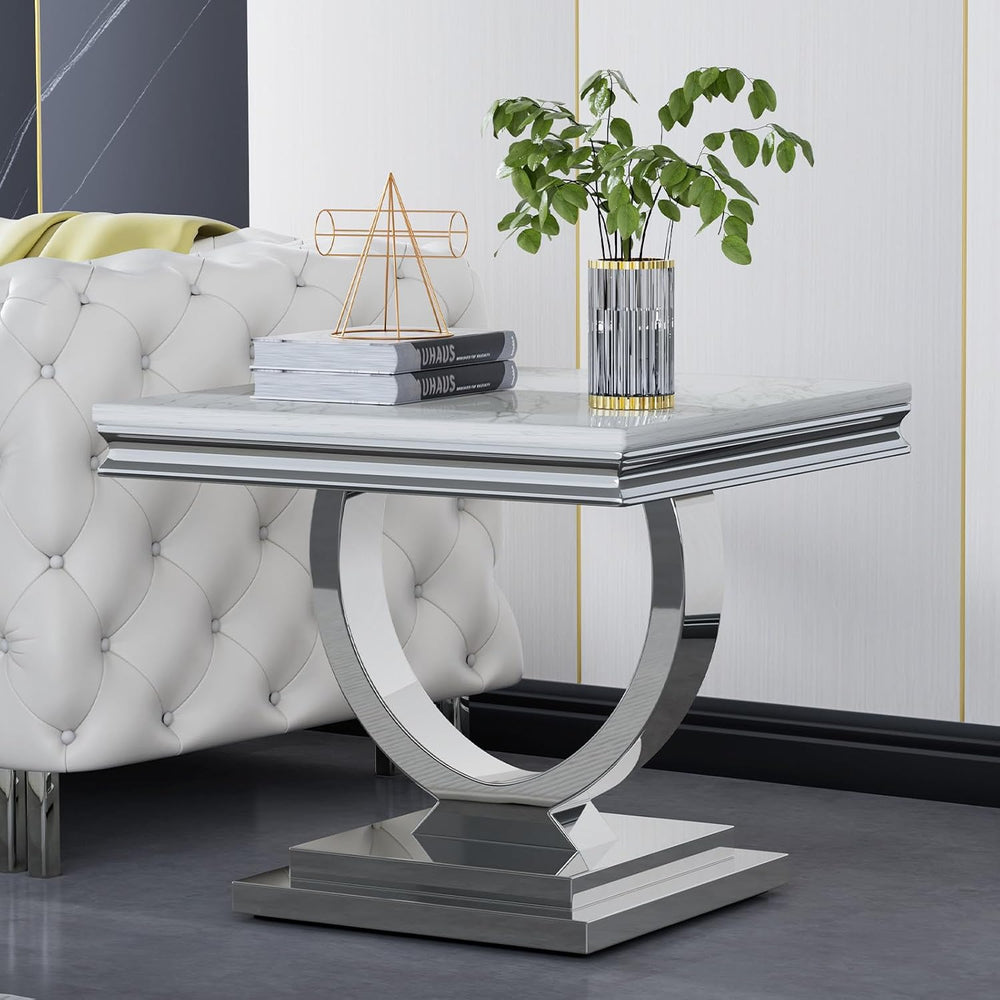 White Faux Marble End Table,Modern Sofa Side Tables with Silver Mirrored Stai...