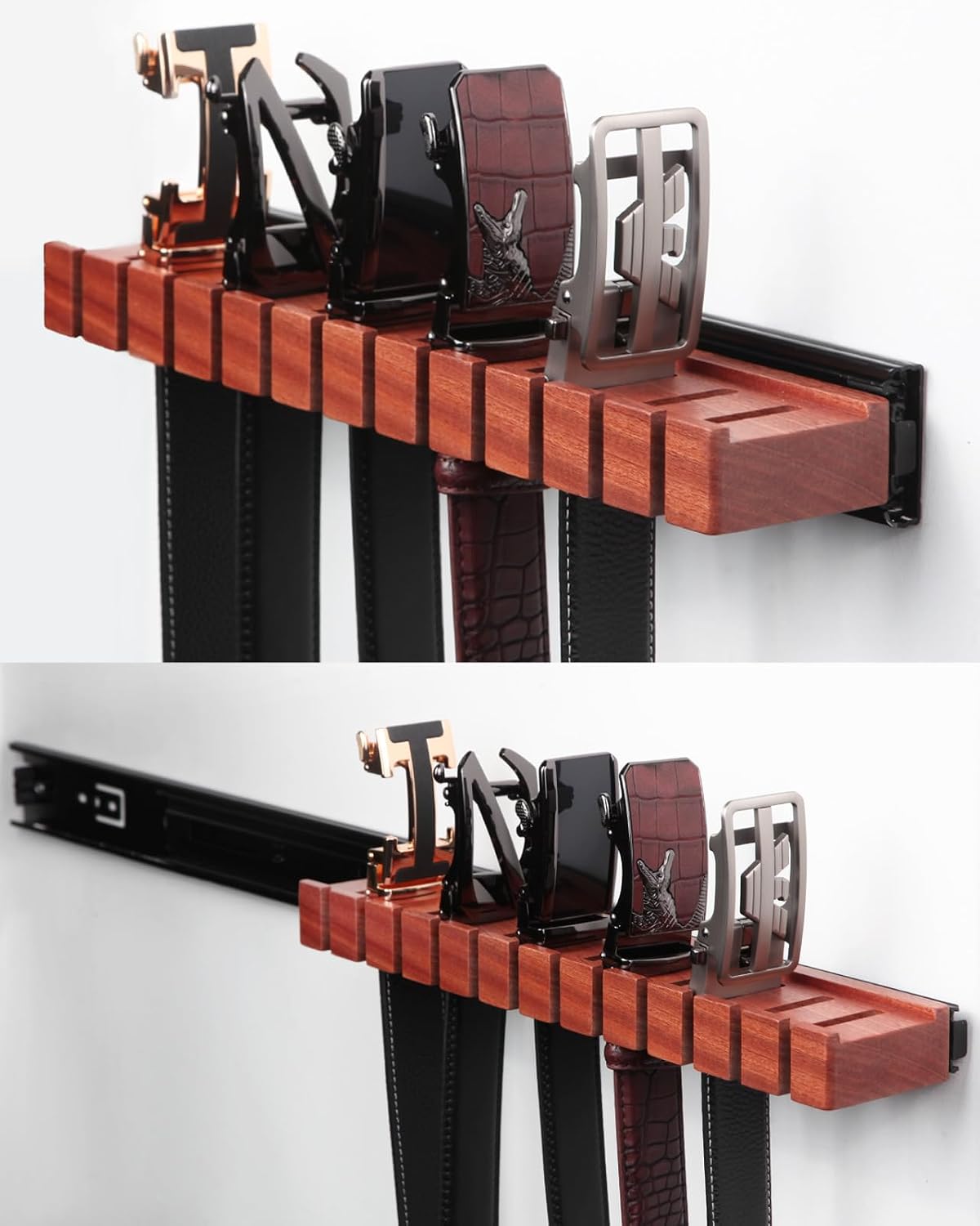 Premium Walnut Wood Belt Organizer with Sliding System - 12-Belt Heavy-Duty Belt Holder, Wall-Mounted Belt Hanger for Closet, Space Saving Storage & Elegant Father’s Day Gift