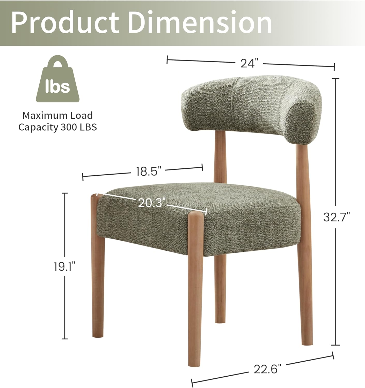 VKNOW Wooden Dining Chairs Set of 4, Modern Upholstered Dining Room Chairs with Rubberwood Legs and Curved Backrest, Fabric Kitchen Chairs for Farmhouse/Living Room/Dining Room, Green