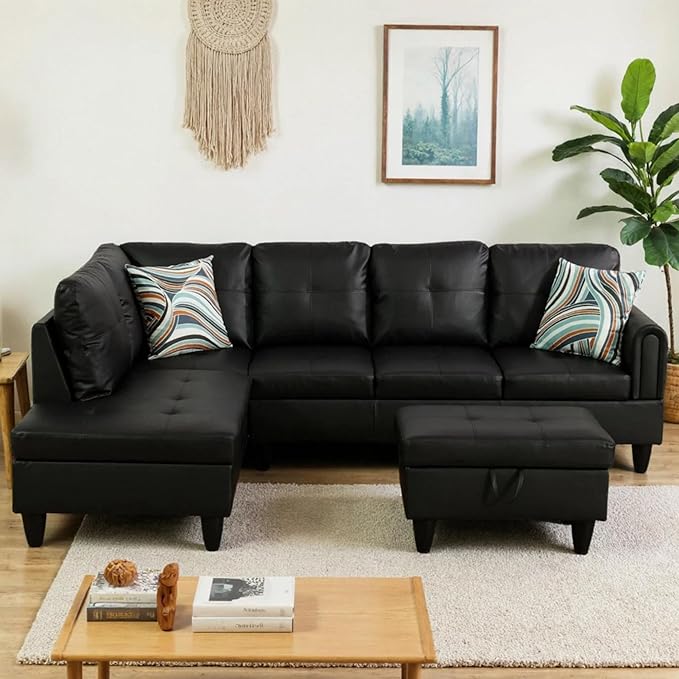 L-Shaped Sectional Sofa with Movable Chaise & Storage Ottoman, Leather 3-Piece Modular Convertible Couches for Living Room, Apartment & Office, Black