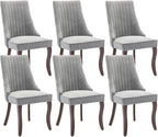 Grey Dining Chairs Set of 6，Linen Channel Tufted Kitchen Dining Room Chair with Curved Solid Wood Legs, Comfortable Fabric Upholstered Dining Chair for Dining Room, (Grey, 6pc)