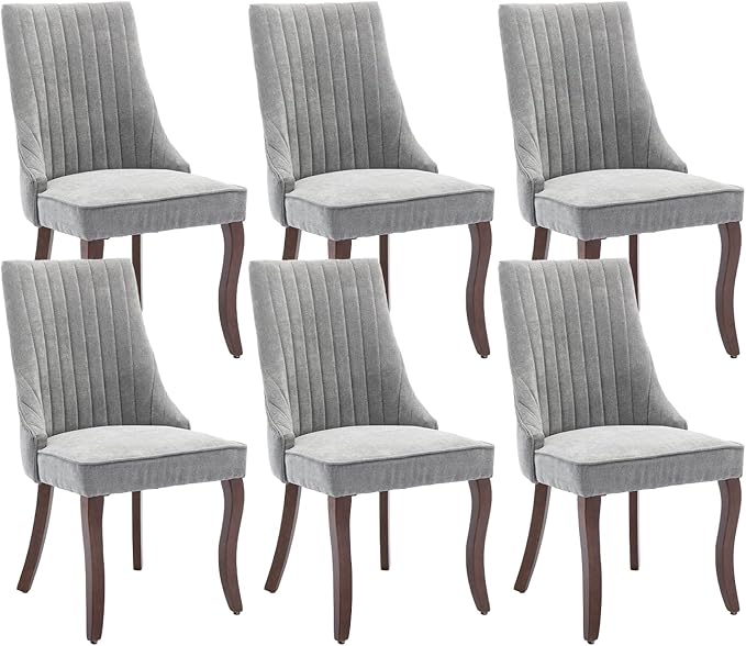 Grey Dining Chairs Set of 6，Linen Channel Tufted Kitchen Dining Room Chair with Curved Solid Wood Legs, Comfortable Fabric Upholstered Dining Chair for Dining Room, (Grey, 6pc)