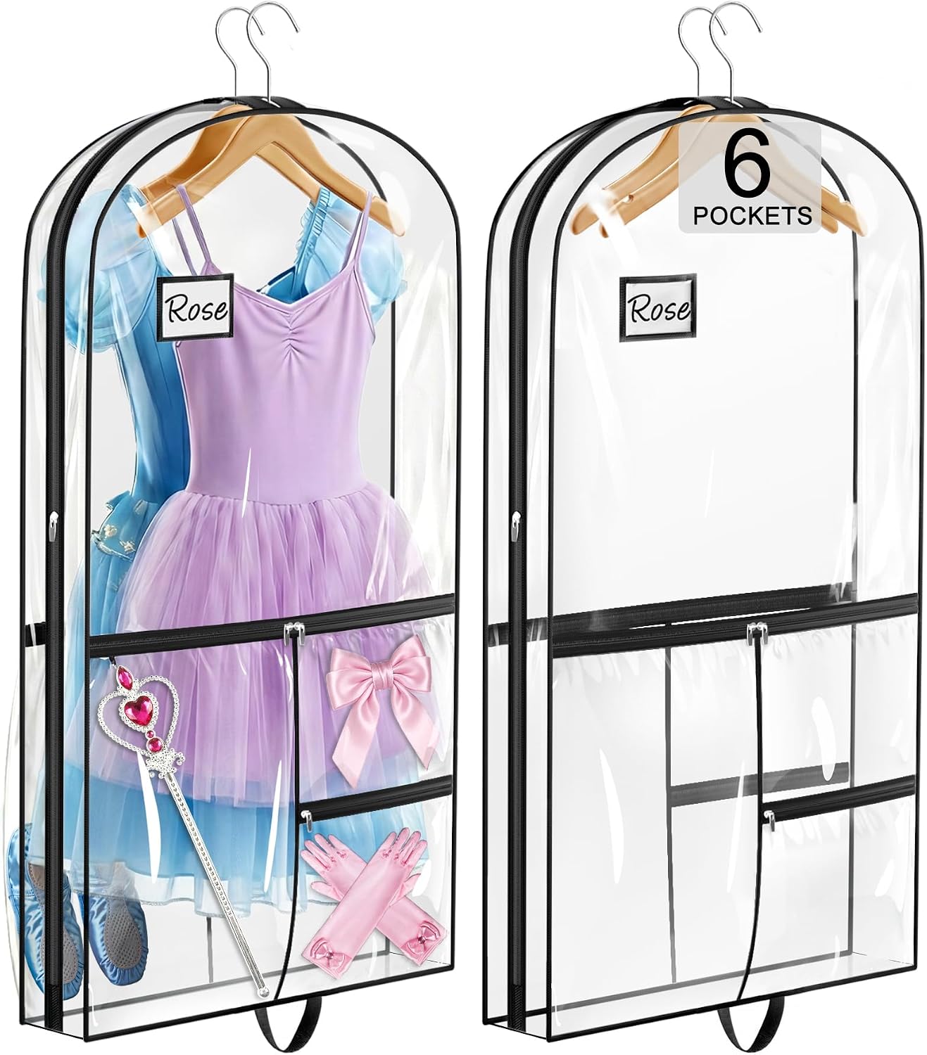 SLEEPING LAMB Dual-sided 6 Pockets Dance Garment Bags for Dancers, 40" Clear Kids Dance Costume Bag for Dance Competition Hanging Garment Bag for Ballet, Outfits, Cheer Uniform, Dress, 2 Packs, Black