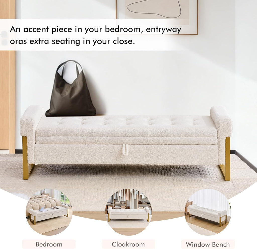 67" Storage Bench for Bedroom, King Size End of Bed Bench, Teddy Upholstered Storage Ottoman Bench with Golden Metal Legs, Bedroom Bench for Entryway, White